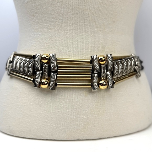 Vintage Mixed Metal Statement Belt Black Leather Gold Silver Sunburst Geometric - Picture 2 of 10